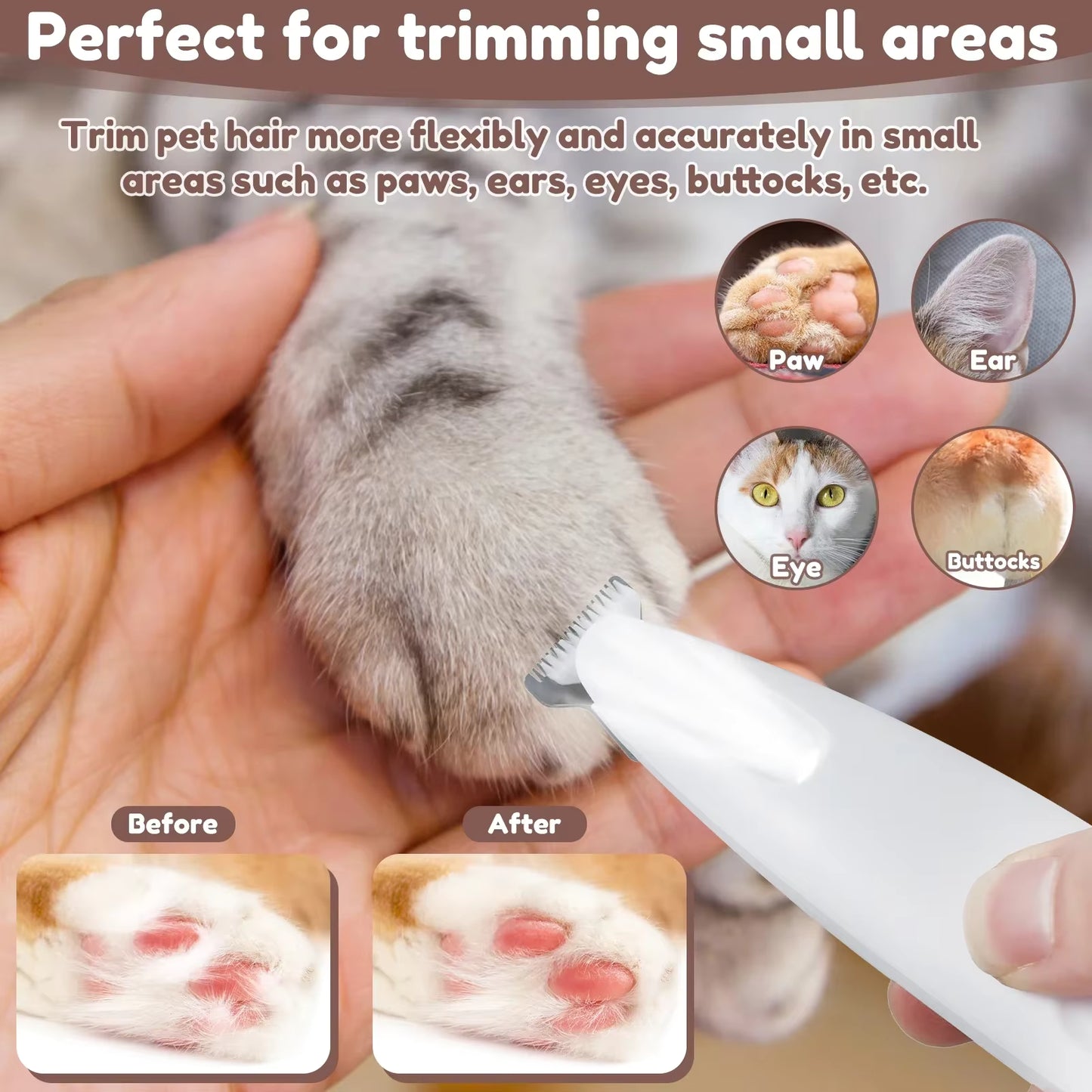 Rechargeable Pet Hair Trimmer for Dogs & Cats – Quiet Grooming Clippers for Fur & Paws with LED Light
