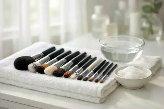 clean makeup brushes drying on towel after washing