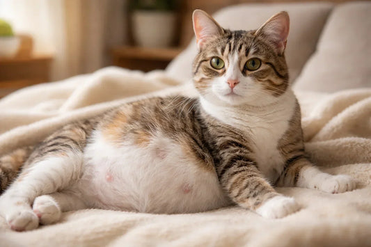 Pregnant cat with a rounded belly showing early signs of cat pregnancy at home