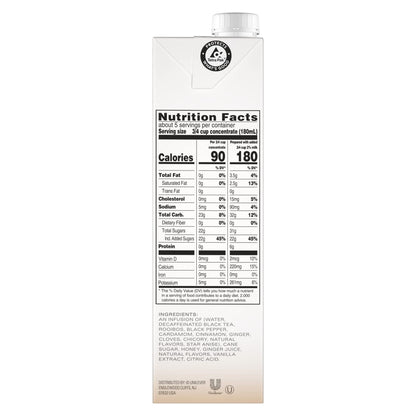 Decaf Chai Latte, Black Tea Concentrate, Easy-To-Serve Chai Tea for Everyday Lattes, Hot or Iced Tea and Mocktails, 32 Oz Tea Mix Carton