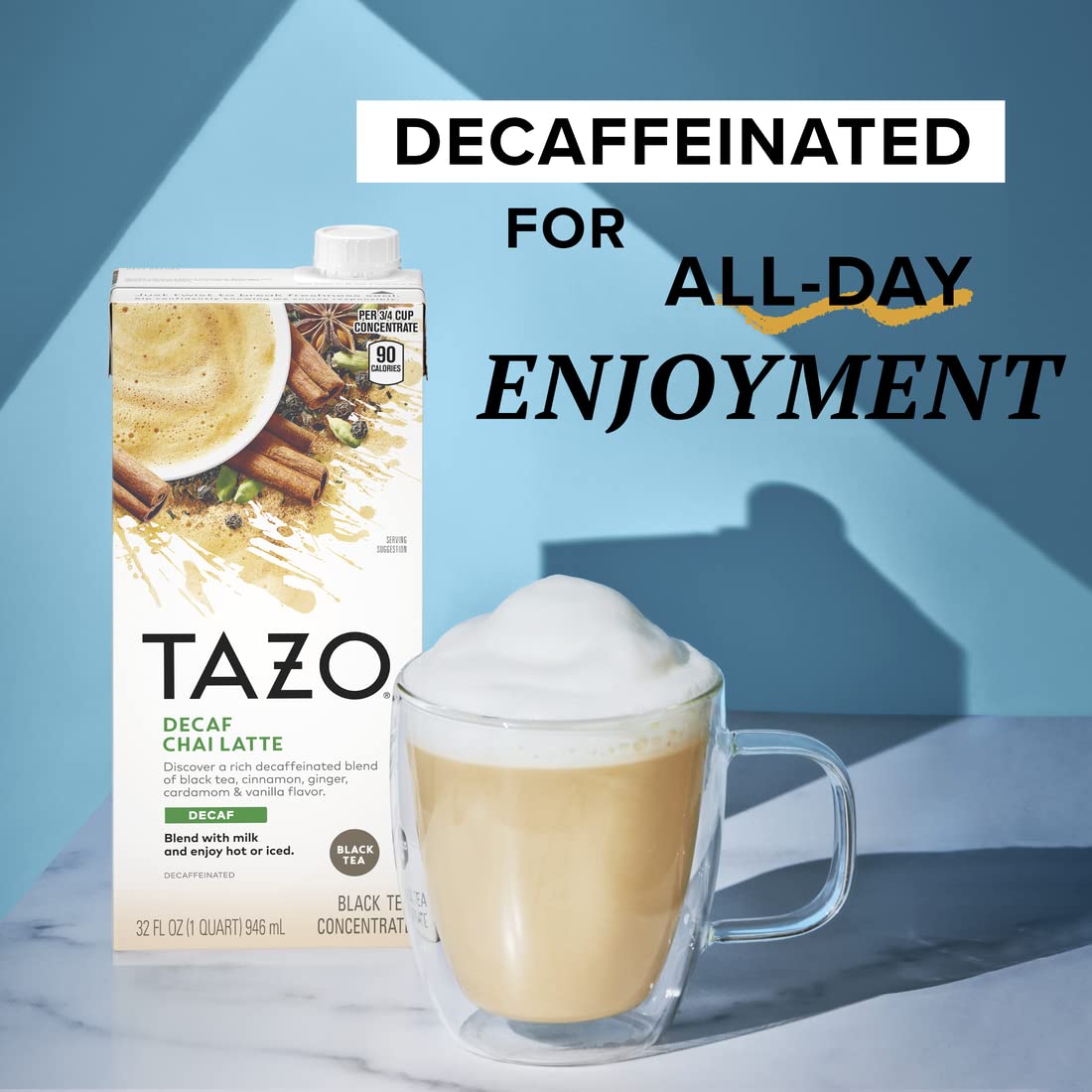 Decaf Chai Latte, Black Tea Concentrate, Easy-To-Serve Chai Tea for Everyday Lattes, Hot or Iced Tea and Mocktails, 32 Oz Tea Mix Carton