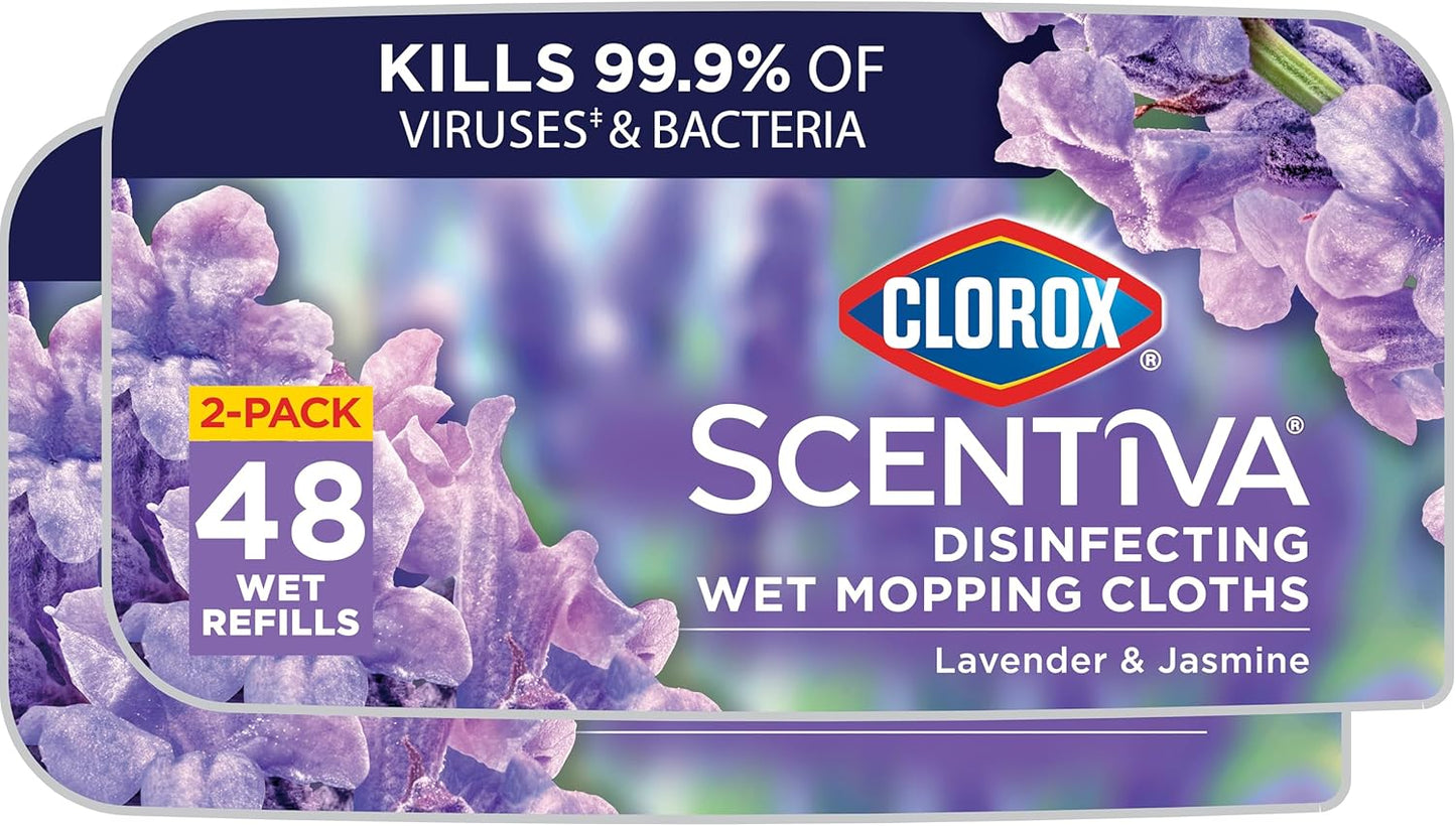 Scentiva Disinfecting Wet Mop Pad, Disposable Mop Heads, Multi-Surface Floor Wipes, Lavender and Jasmine, 2 Packs, 24 Wet Refills per Pack (Package May Vary)