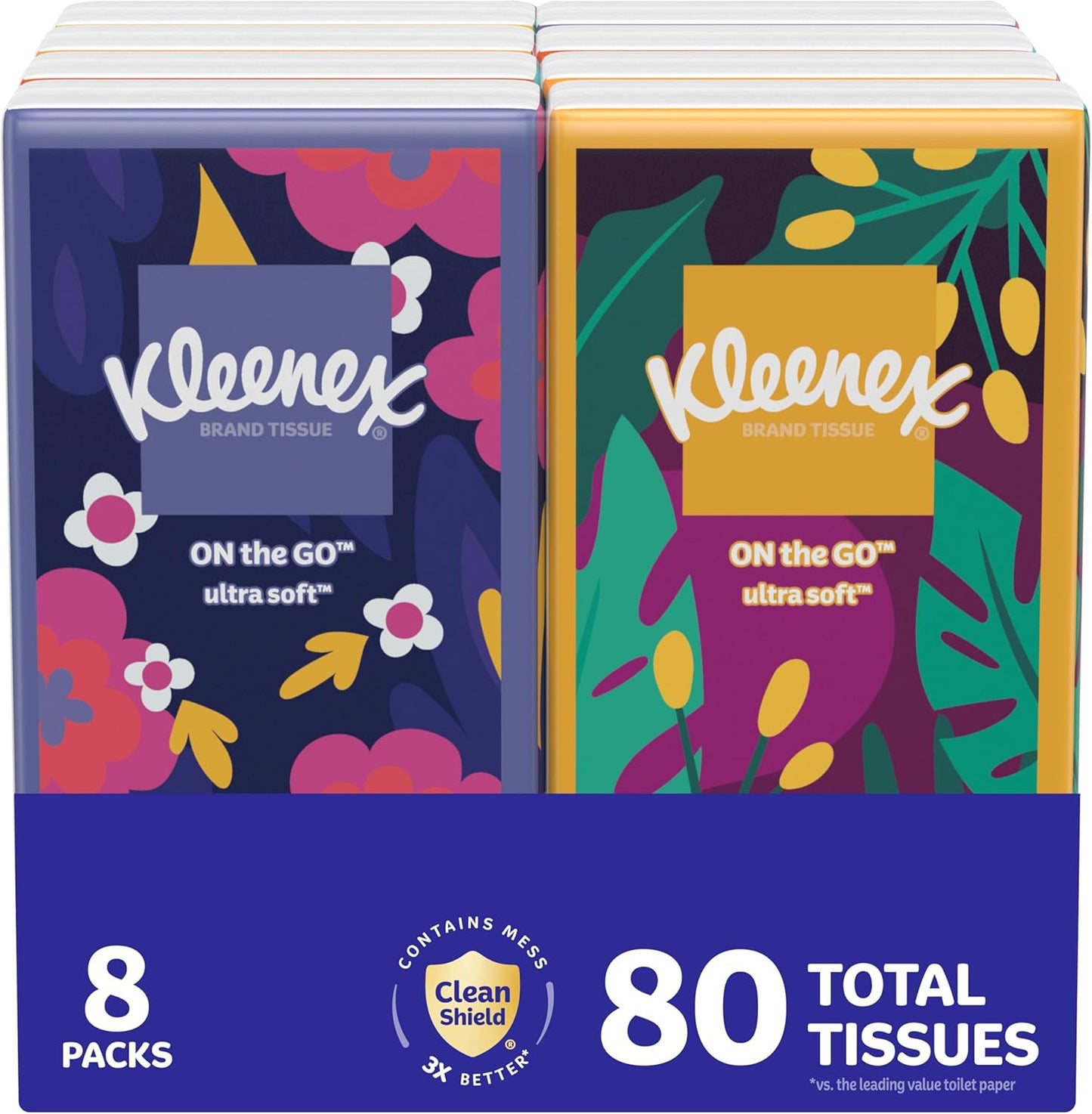 On-The-Go Facial Tissues, 8 On-The-Go Packs, 10 Tissues per Box, 3-Ply (80 Total), Packaging May Vary