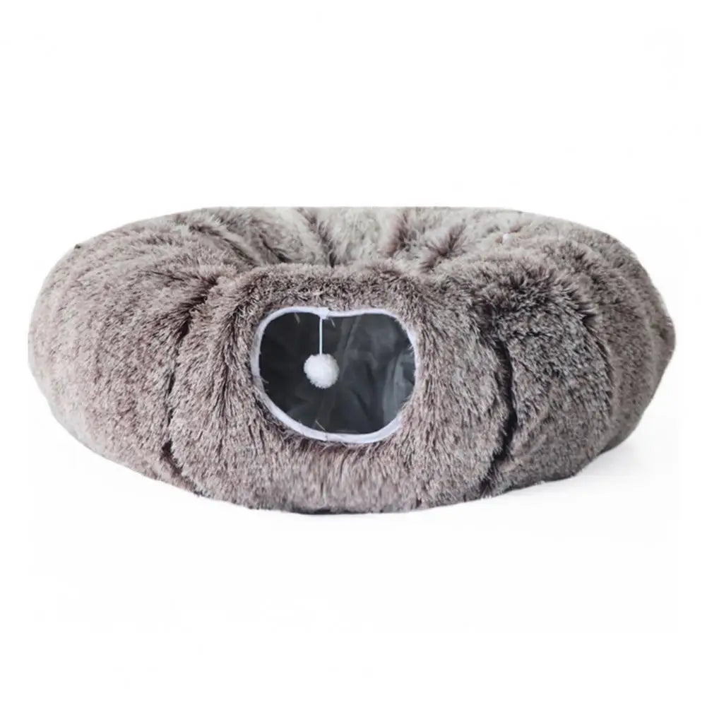 Plush Donut Cat Tunnel Bed – Round Play Tunnel with Hanging Balls, Washable Peekaboo Cave for Kittens Small Large Cats