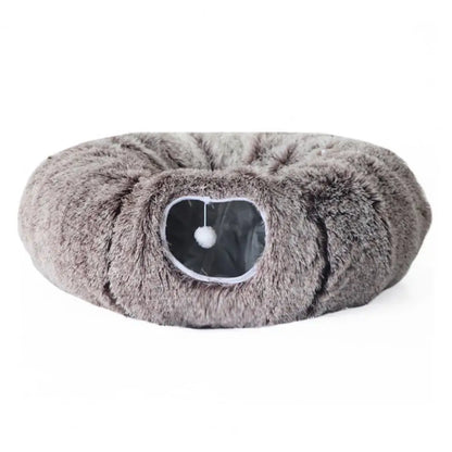 Plush Donut Cat Tunnel Bed – Round Play Tunnel with Hanging Balls, Washable Peekaboo Cave for Kittens Small Large Cats