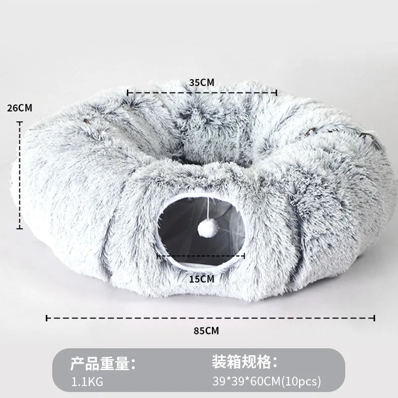 Long Plush Collapsible Donut Cat Tunnel Bed Pet Warm Bed