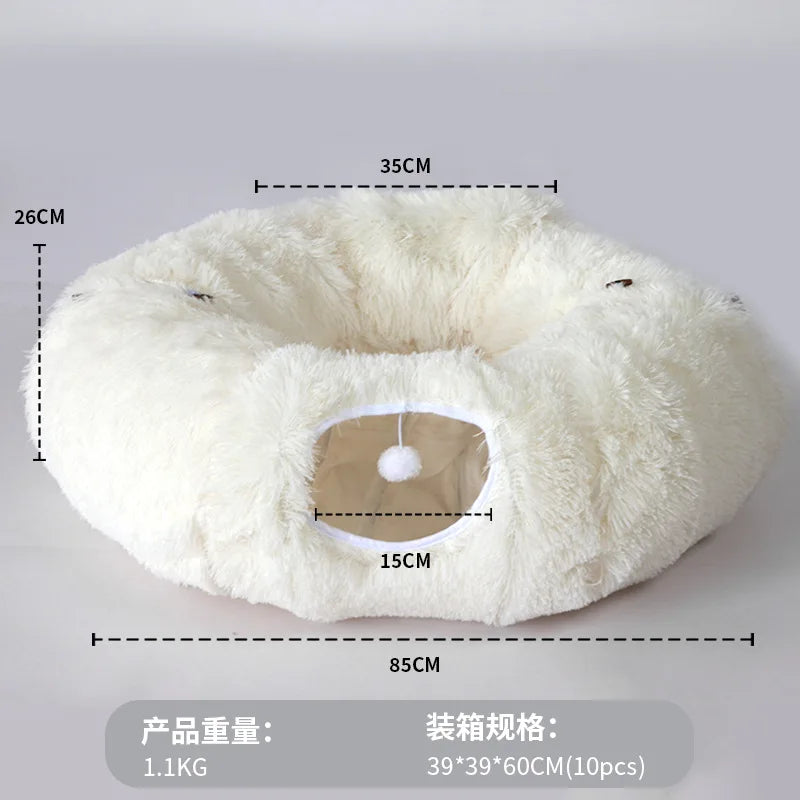 Long Plush Collapsible Donut Cat Tunnel Bed Pet Warm Bed
