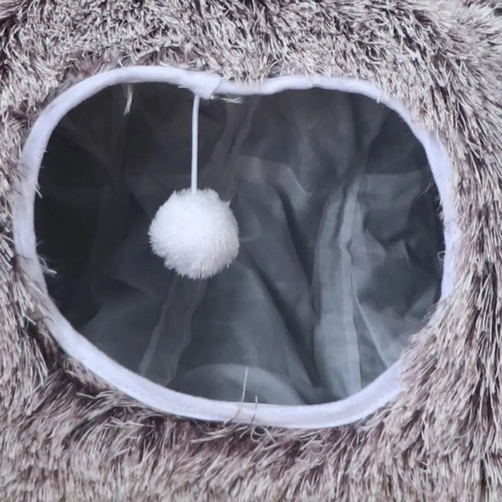 Plush Donut Cat Tunnel Bed – Round Play Tunnel with Hanging Balls, Washable Peekaboo Cave for Kittens Small Large Cats