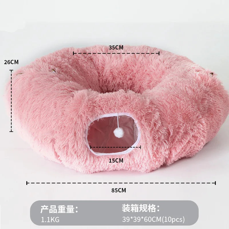Long Plush Collapsible Donut Cat Tunnel Bed Pet Warm Bed