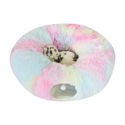 Plush Donut Cat Tunnel Bed – Round Play Tunnel with Hanging Balls, Washable Peekaboo Cave for Kittens Small Large Cats